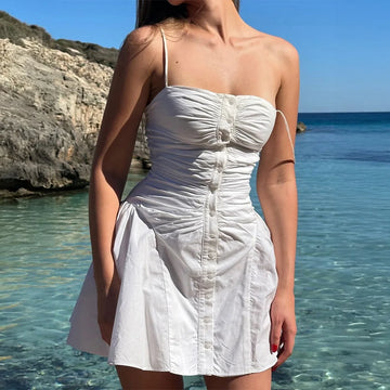 MQTIME  -  Summer New Simple Solid Color Women Strap Short Dress Fashion Square Collar Female Button Dresses